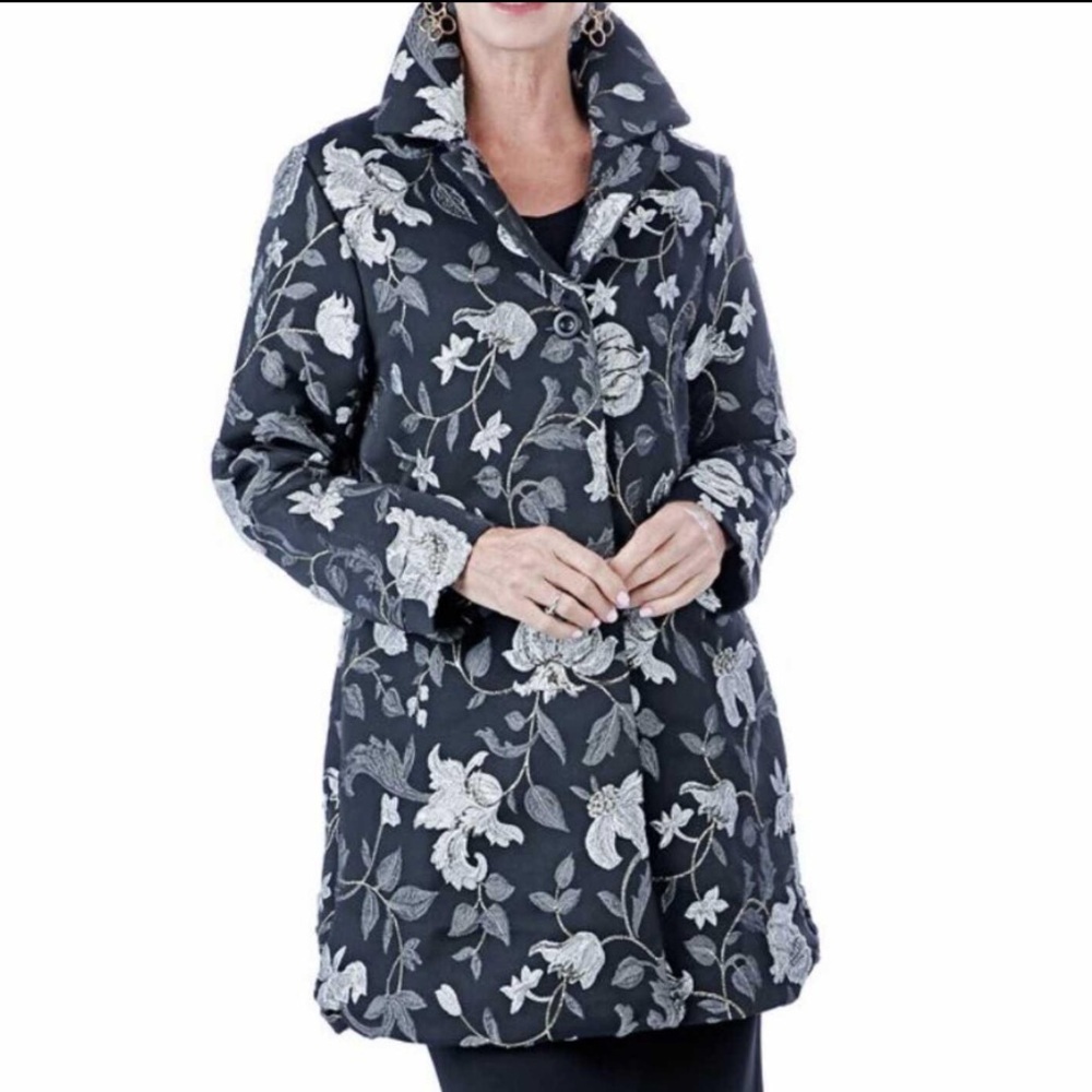 New Slinky Brand Black Silver Gold Floral Jacquard Lined Blazer Jacket Size XL
